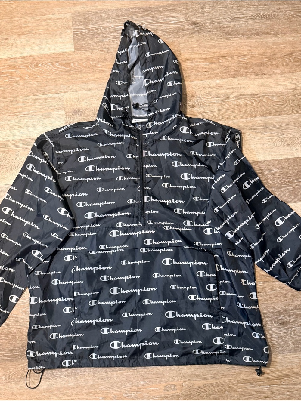 Champion Black Hooded All-Over Logo Packable Pullover windbreaker Jacket